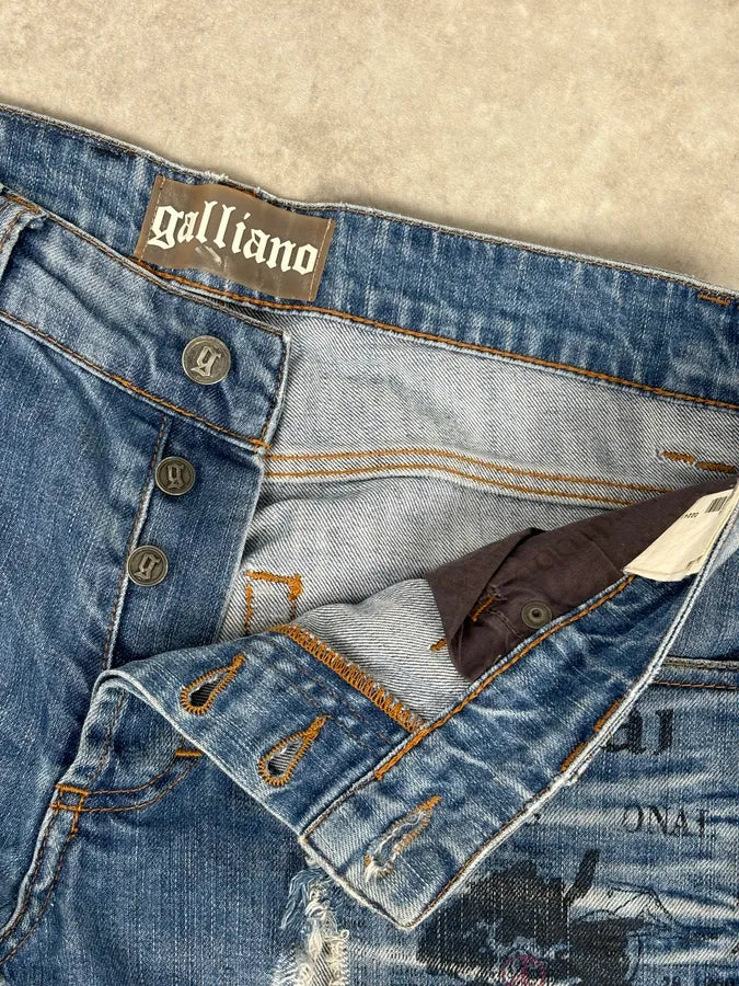 SS2011 Galliano UK Flag Newspaper Print Distressed Blue Denim Jeans IuaybCU 9