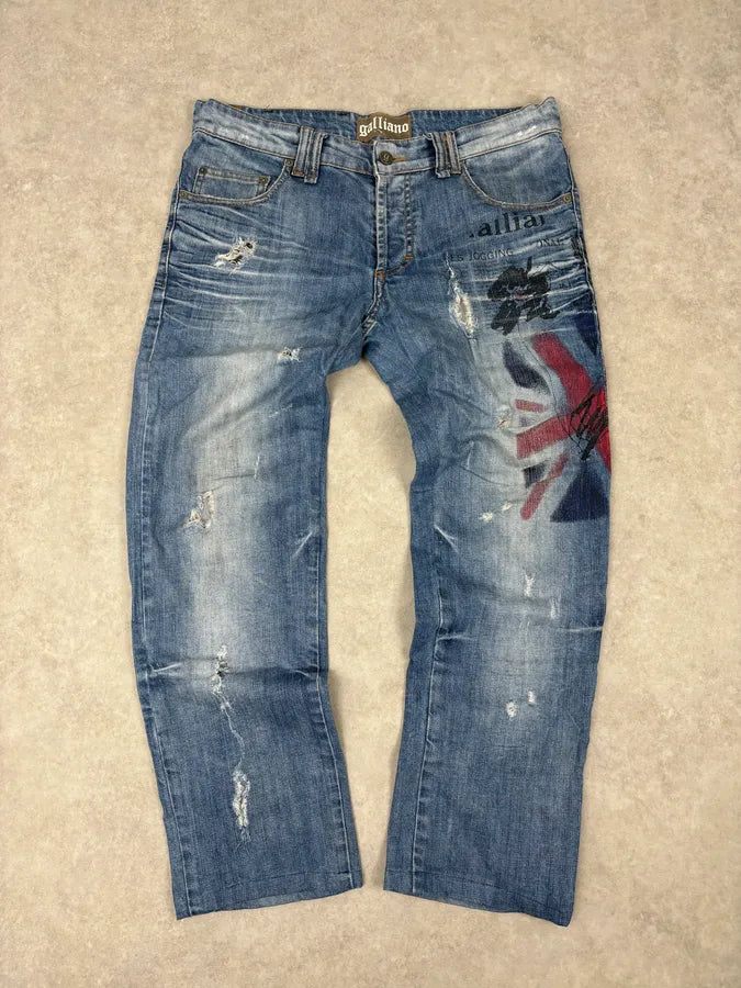 SS2011 Galliano UK Flag Newspaper Print Distressed Blue Denim Jeans IuaybCU 0
