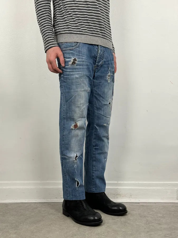 SS2011 Galliano UK Flag Newspaper Print Distressed Blue Denim Jeans IuaybCU 2
