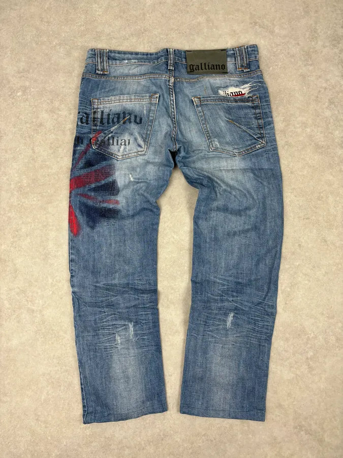 SS2011 Galliano UK Flag Newspaper Print Distressed Blue Denim Jeans IuaybCU 5