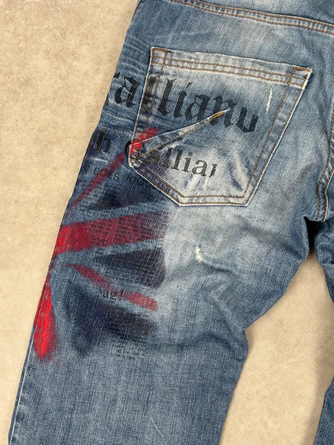 SS2011 Galliano UK Flag Newspaper Print Distressed Blue Denim Jeans IuaybCU 7