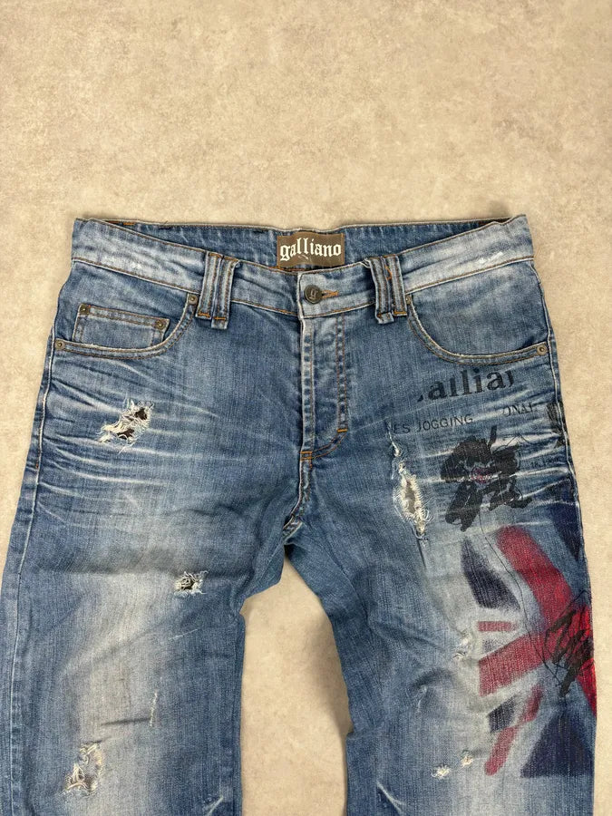 SS2011 Galliano UK Flag Newspaper Print Distressed Blue Denim Jeans IuaybCU 4