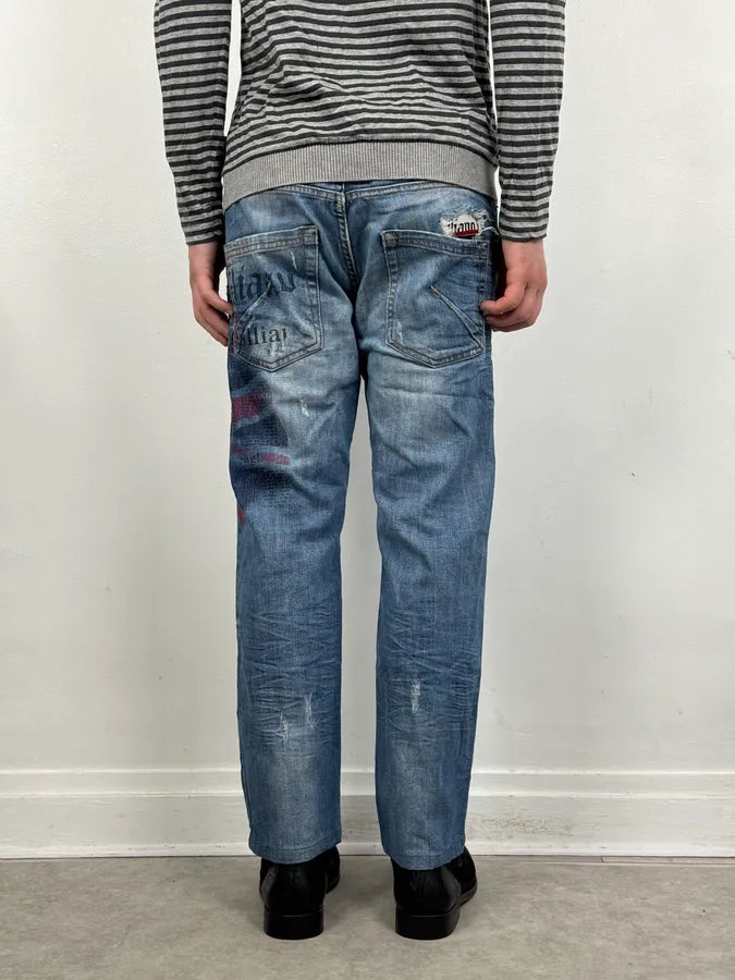 SS2011 Galliano UK Flag Newspaper Print Distressed Blue Denim Jeans IuaybCU 3