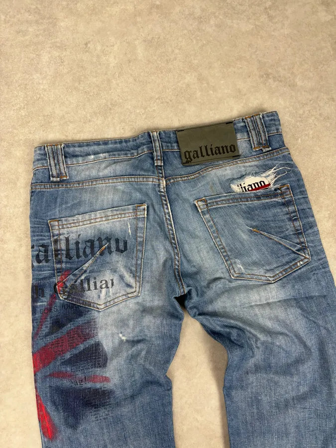 SS2011 Galliano UK Flag Newspaper Print Distressed Blue Denim Jeans IuaybCU 6