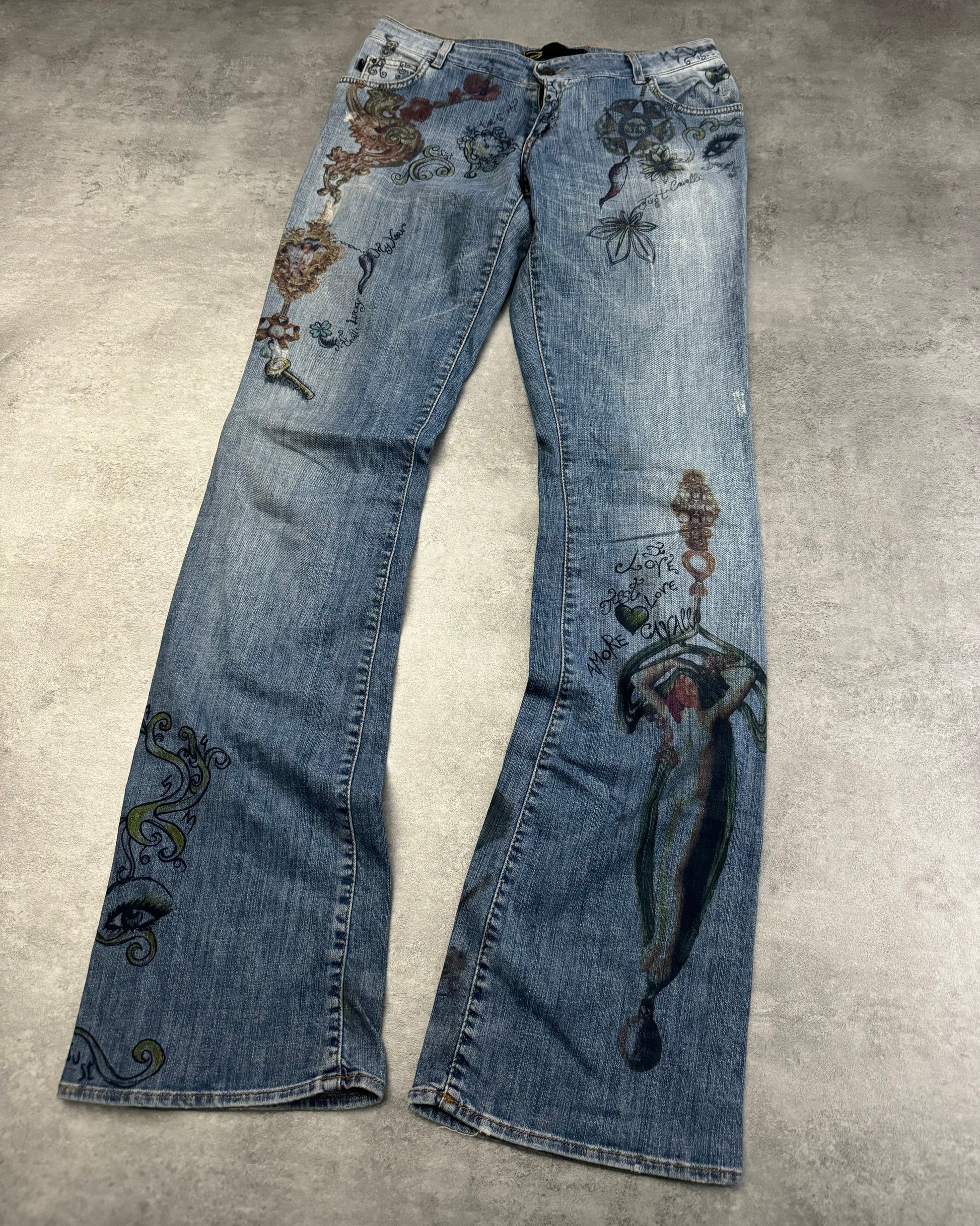 SS2007 Cavalli Painted Demoniac War Denim Pants (S) - 9