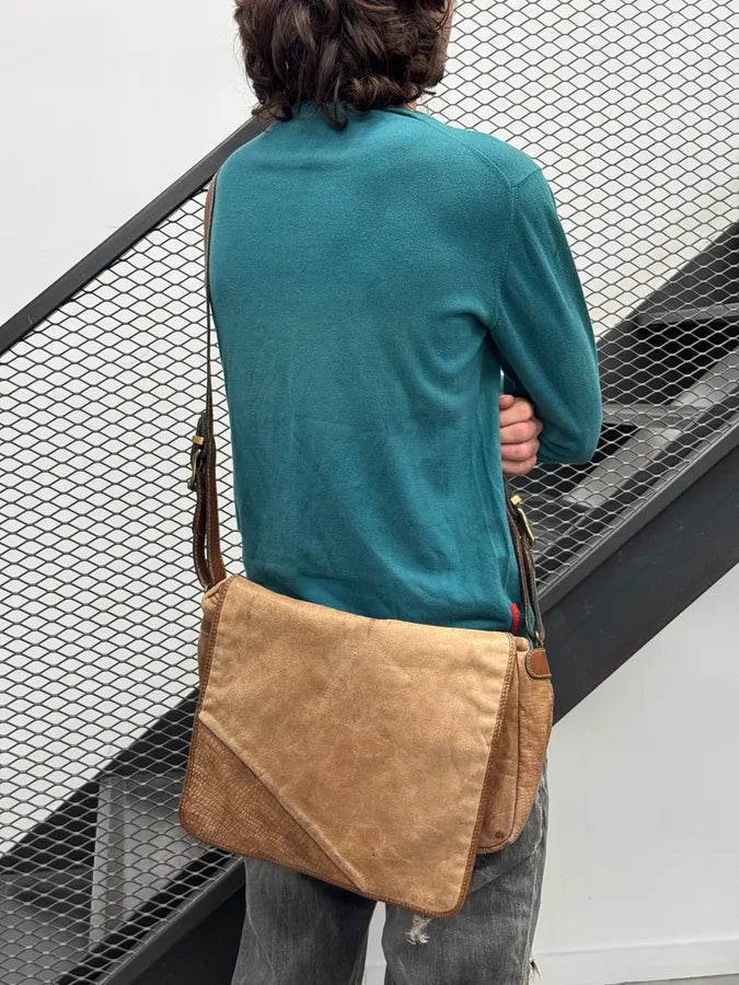 2000s Jil Sander Brown & Beige Hybrid Leather Messenger Bag VxiQTBy 3