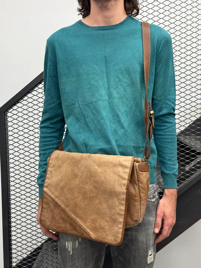 2000s Jil Sander Brown & Beige Hybrid Leather Messenger Bag VxiQTBy 2