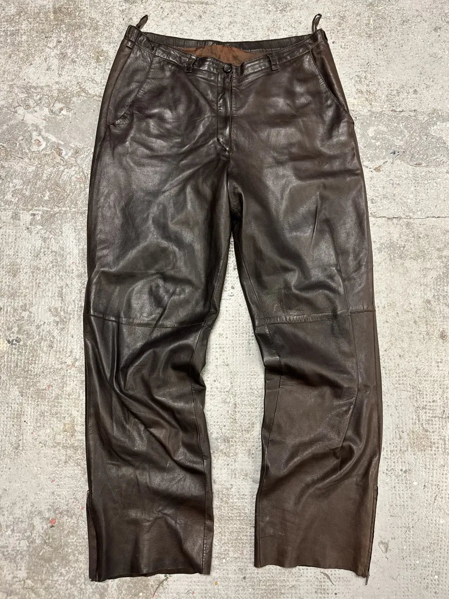 Jil Sander Brown Dark Leather Eroded Pants (S) uoBeUNw 3