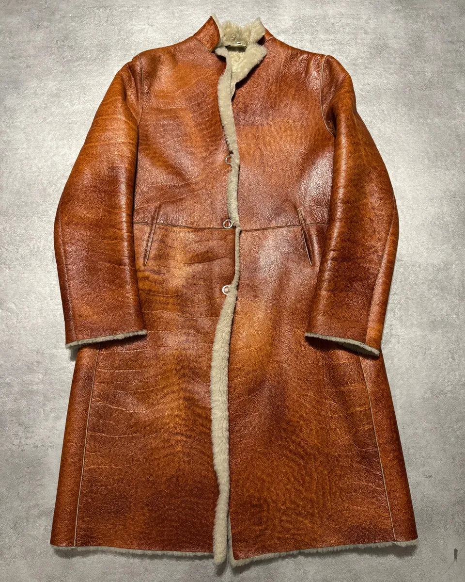 Jil Sander Camel Grilled Leather Long Jacket (S) 0