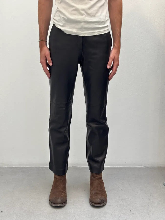 2000s Jil Sander Lambskin Leather Silk Lined Black Pants GYWGLYa 1