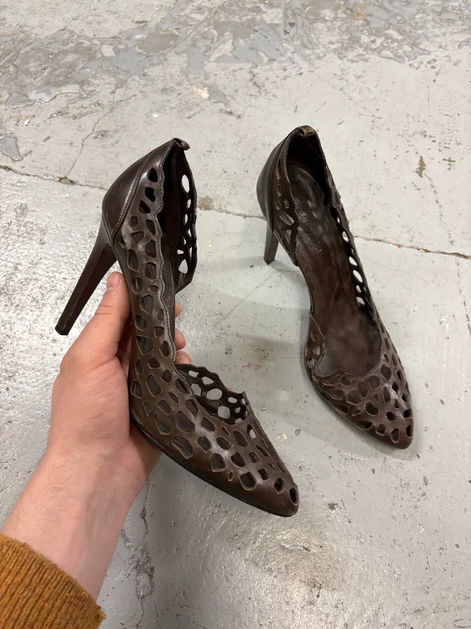 Jil Sander Quill Harmony Brown Perforated Leather Heels BOkqjZy 0