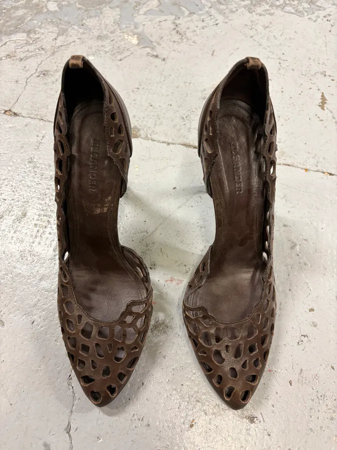 Jil Sander Quill Harmony Brown Perforated Leather Heels BOkqjZy 1