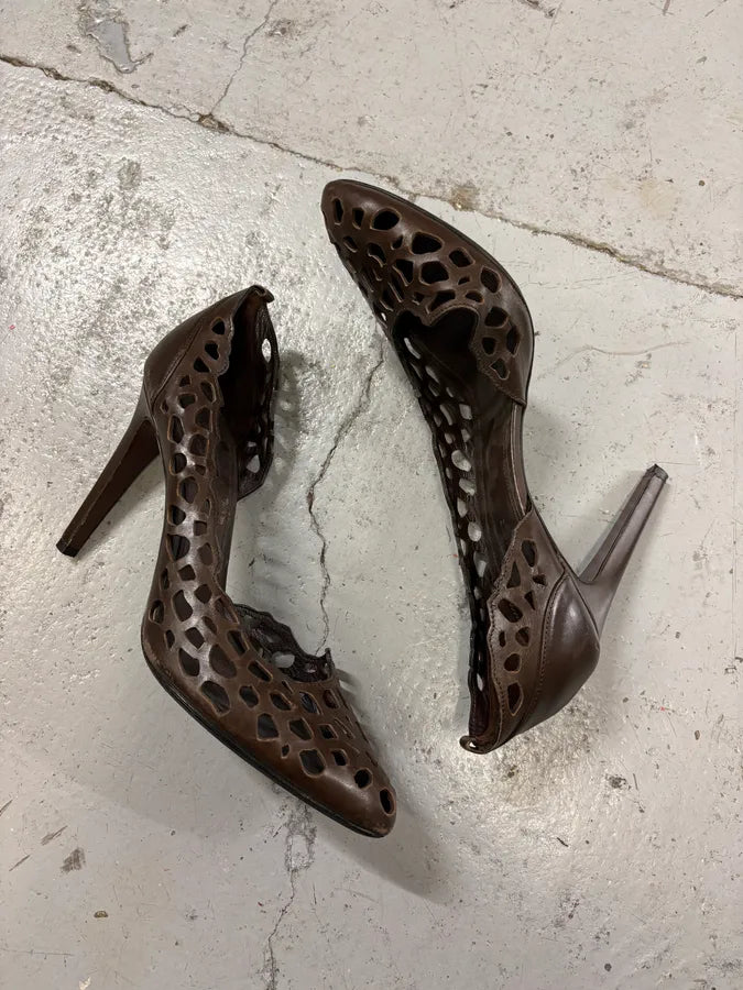 Jil Sander Quill Harmony Brown Perforated Leather Heels BOkqjZy 4