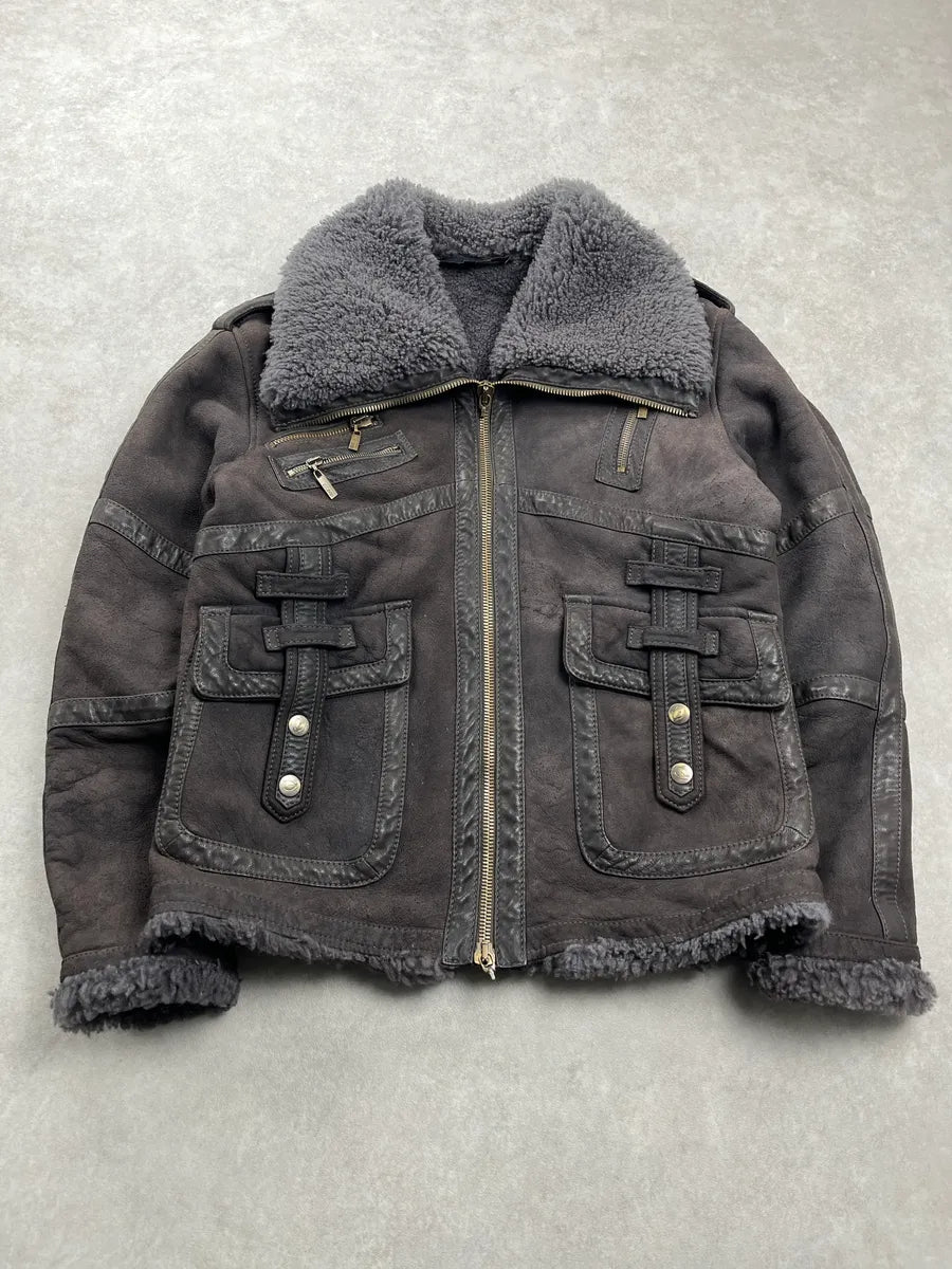 2000s Cavalli Multi-Pocket Shearling Aviator Grey Leather Jacket jjeeMttc 4