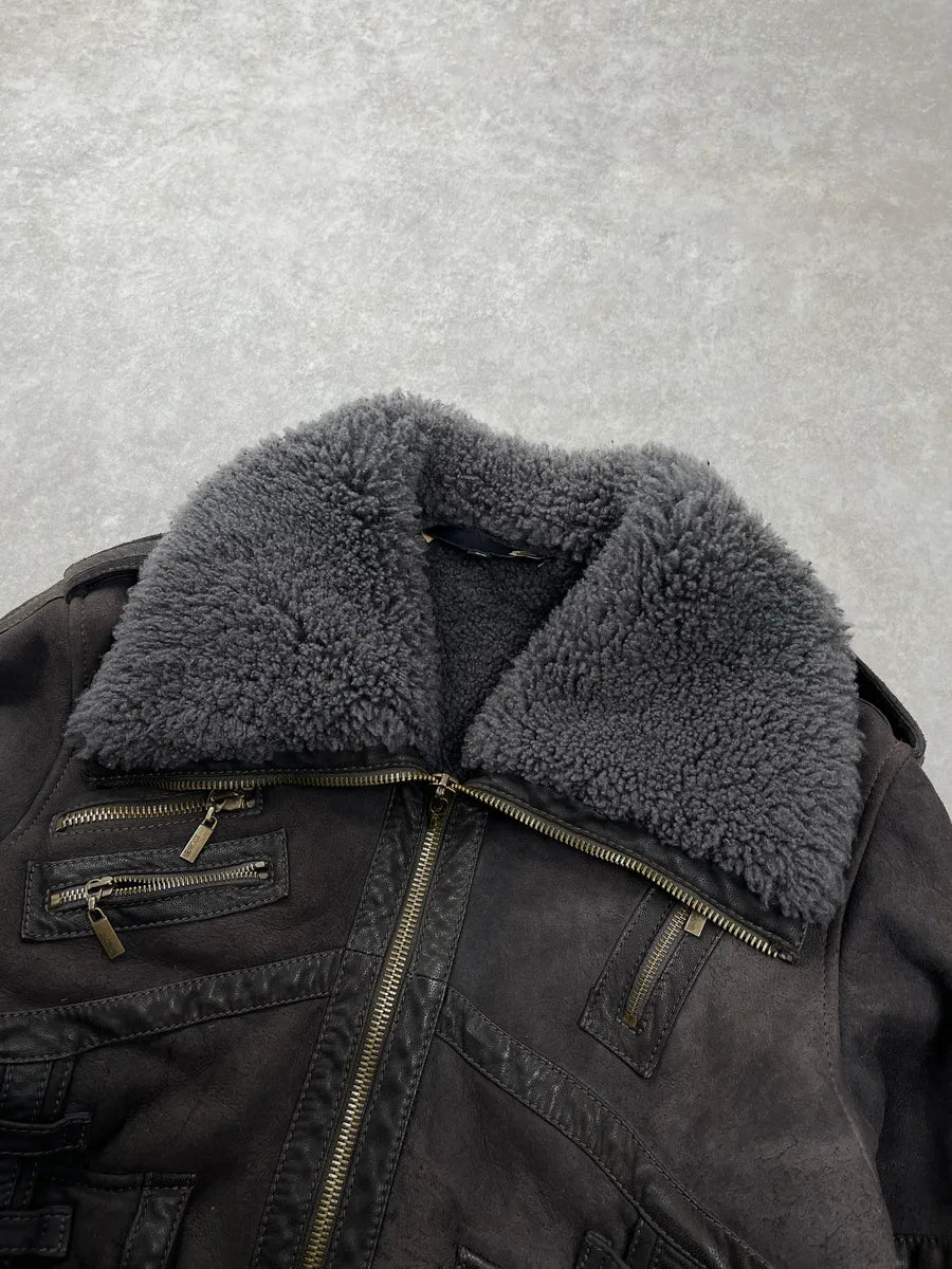 2000s Cavalli Multi-Pocket Shearling Aviator Grey Leather Jacket jjeeMttc 7