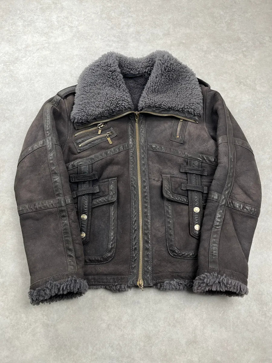 2000s Cavalli Multi-Pocket Shearling Aviator Grey Leather Jacket jjeeMttc 0
