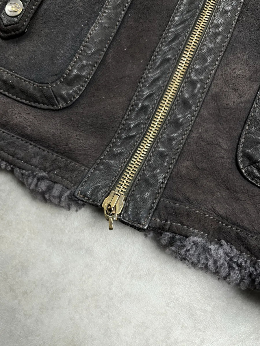 2000s Cavalli Multi-Pocket Shearling Aviator Grey Leather Jacket jjeeMttc 9