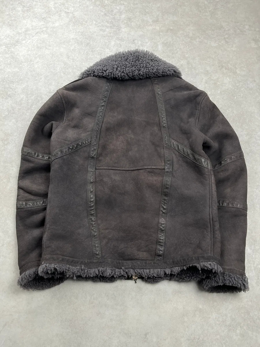 2000s Cavalli Multi-Pocket Shearling Aviator Grey Leather Jacket jjeeMttc 5