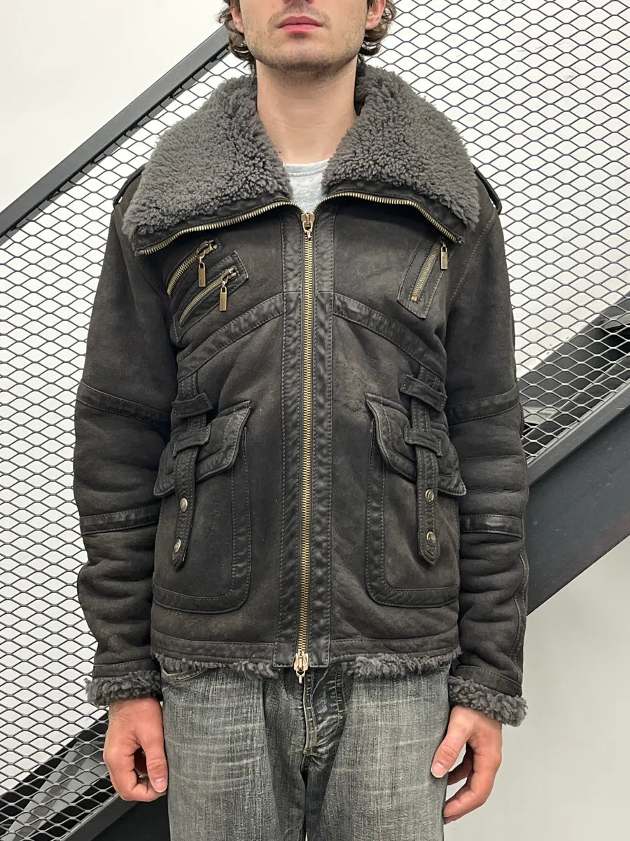 2000s Cavalli Multi-Pocket Shearling Aviator Grey Leather Jacket jjeeMttc 1