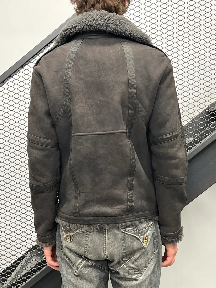 2000s Cavalli Multi-Pocket Shearling Aviator Grey Leather Jacket jjeeMttc 2