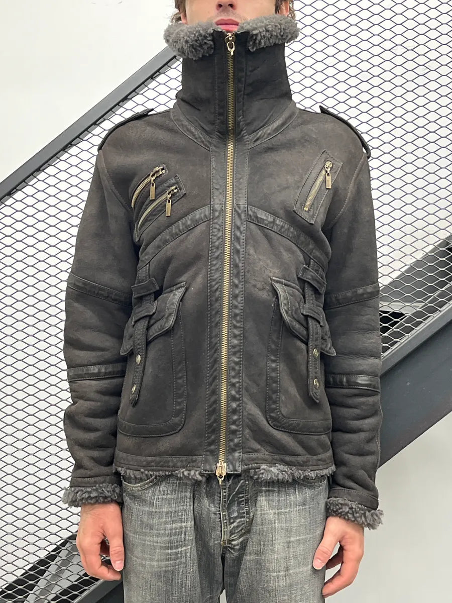 2000s Cavalli Multi-Pocket Shearling Aviator Grey Leather Jacket jjeeMttc 3