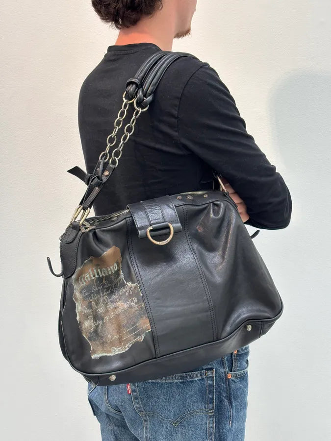 John Galliano Black Distressed Paper Leather Shoulder Bag KCsXjFD 3