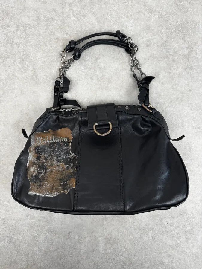 John Galliano Black Distressed Paper Leather Shoulder Bag KCsXjFD 0