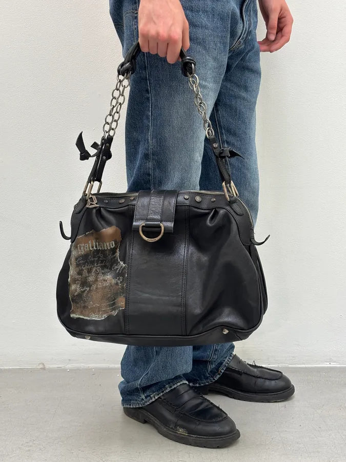 John Galliano Black Distressed Paper Leather Shoulder Bag KCsXjFD 2