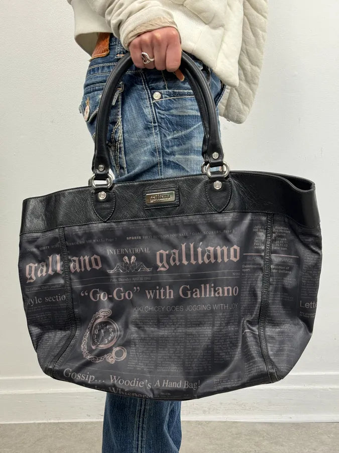 John Galliano Black Hybrid Leather Magazine Newspapers Gazette Handle Bag IOjzOUm 1