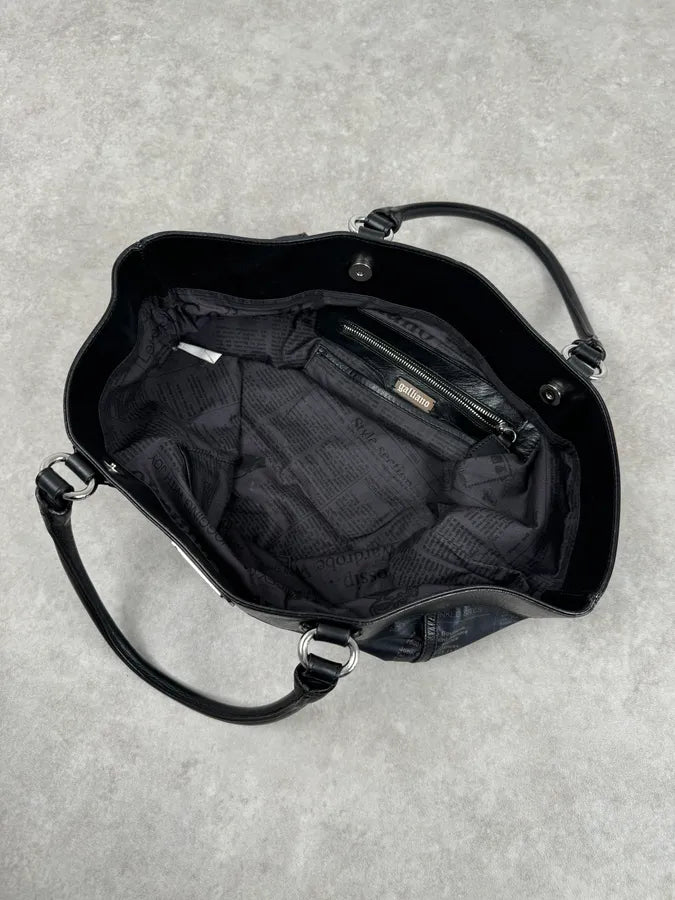 John Galliano Black Hybrid Leather Magazine Newspapers Gazette Handle Bag IOjzOUm 6