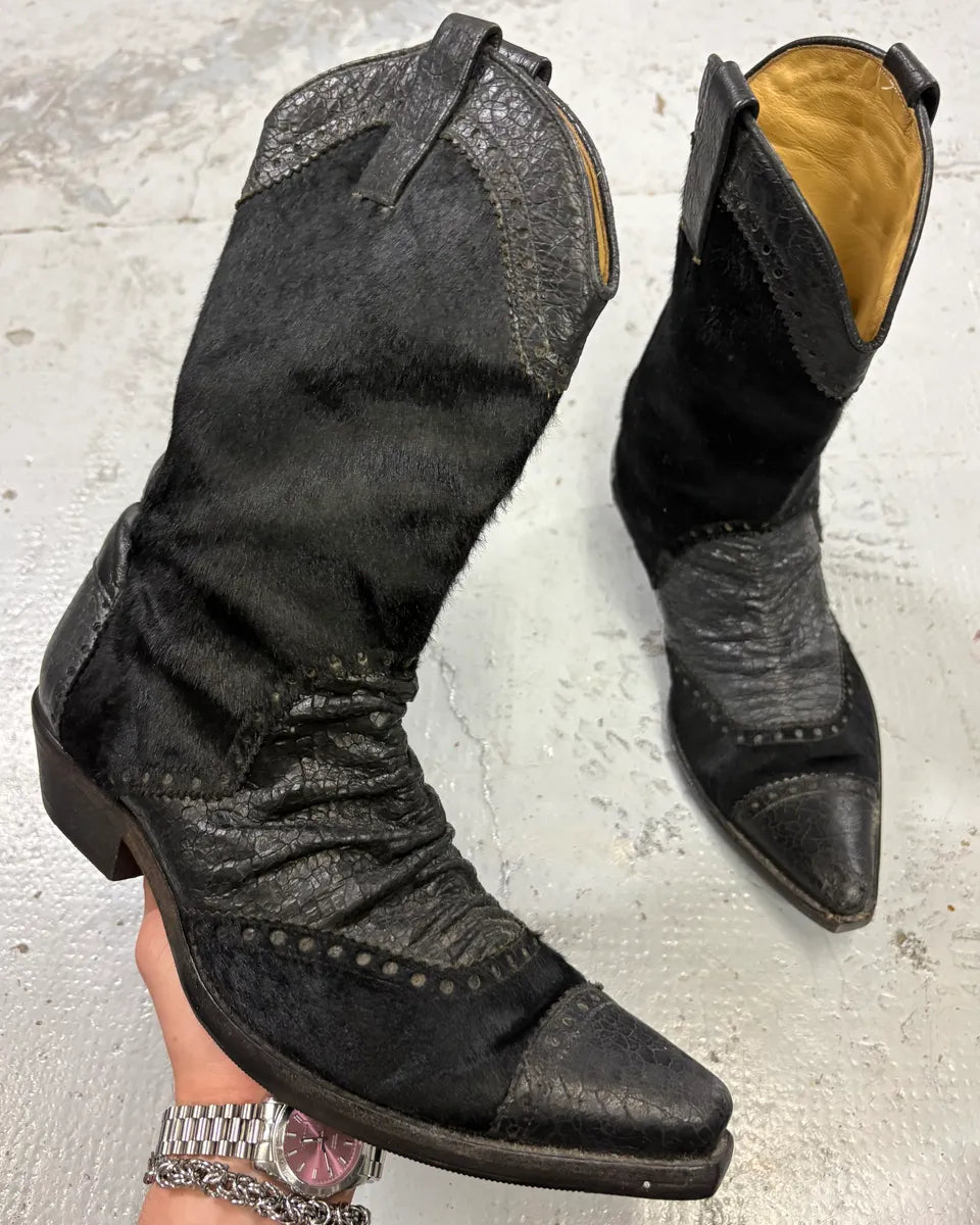 John Galliano Black Pony Hair Leather Studded Cowboy Boots EaHgPHY 0