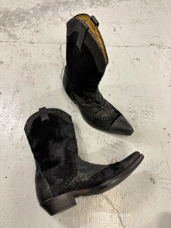 John Galliano Black Pony Hair Leather Studded Cowboy Boots EaHgPHY 5