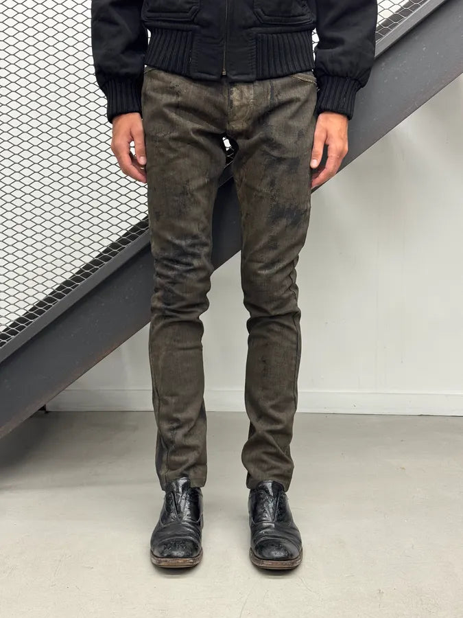 2010s John Galliano Olive Green Denim Mud-Washed Jeans vvfohQw 2