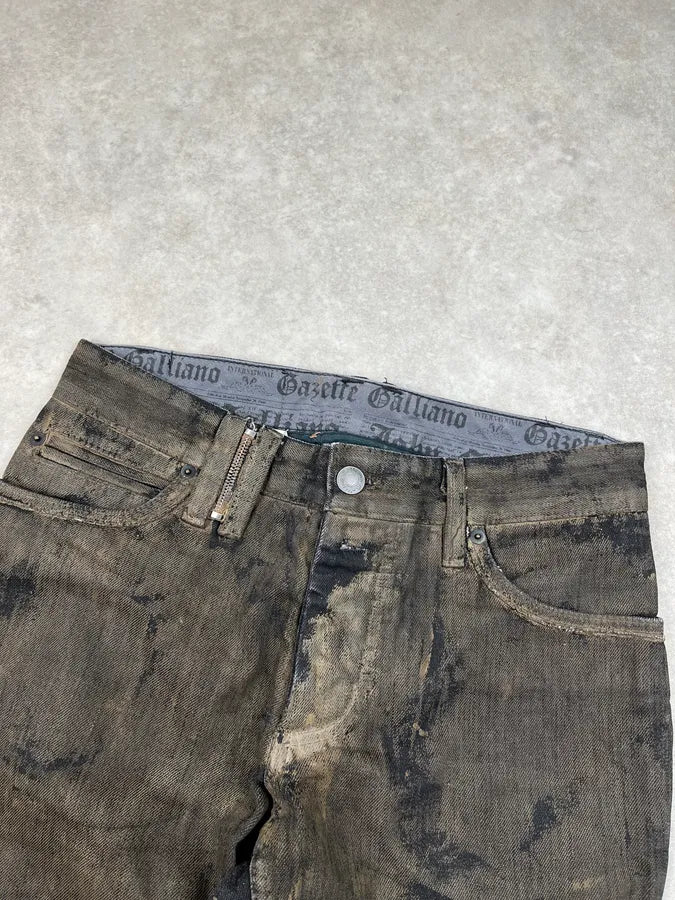 2010s John Galliano Olive Green Denim Mud-Washed Jeans vvfohQw 5