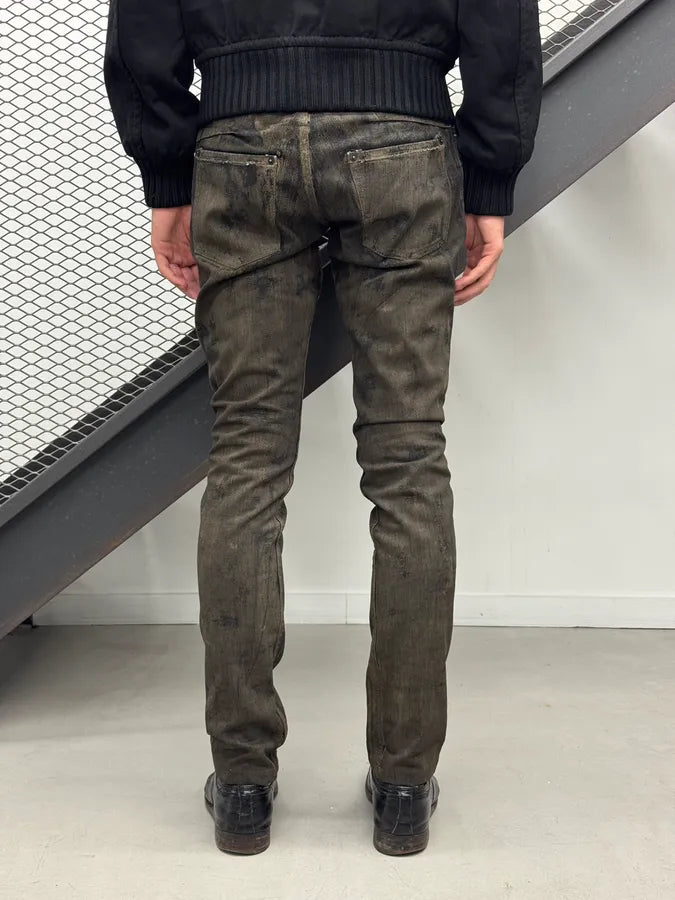2010s John Galliano Olive Green Denim Mud-Washed Jeans vvfohQw 3