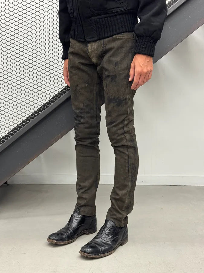 2010s John Galliano Olive Green Denim Mud-Washed Jeans vvfohQw 1