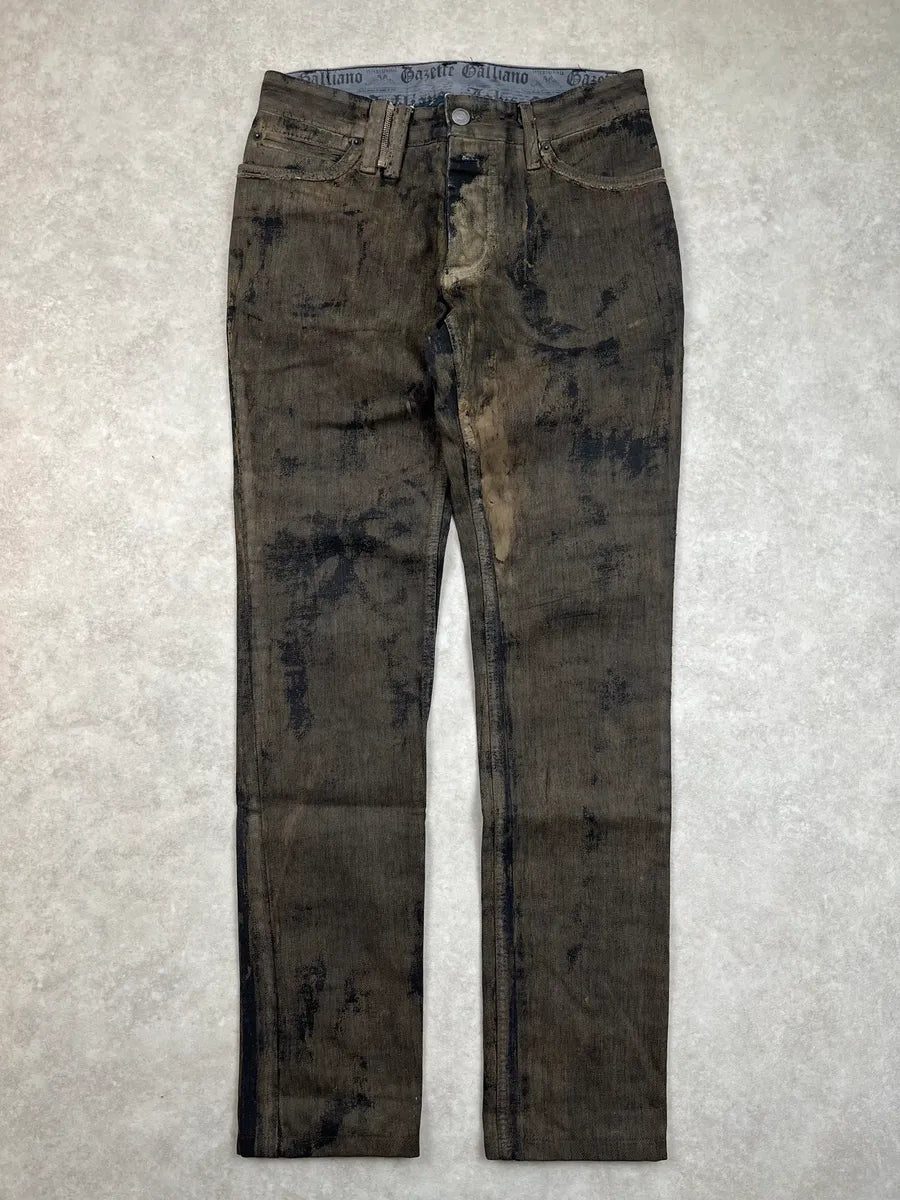2010s John Galliano Olive Green Denim Mud-Washed Jeans vvfohQw 0