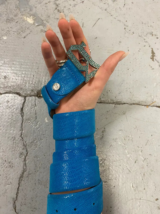 John Galliano Cyan Blue Faux Snakeskin Leather Belt ATKPhiP 0