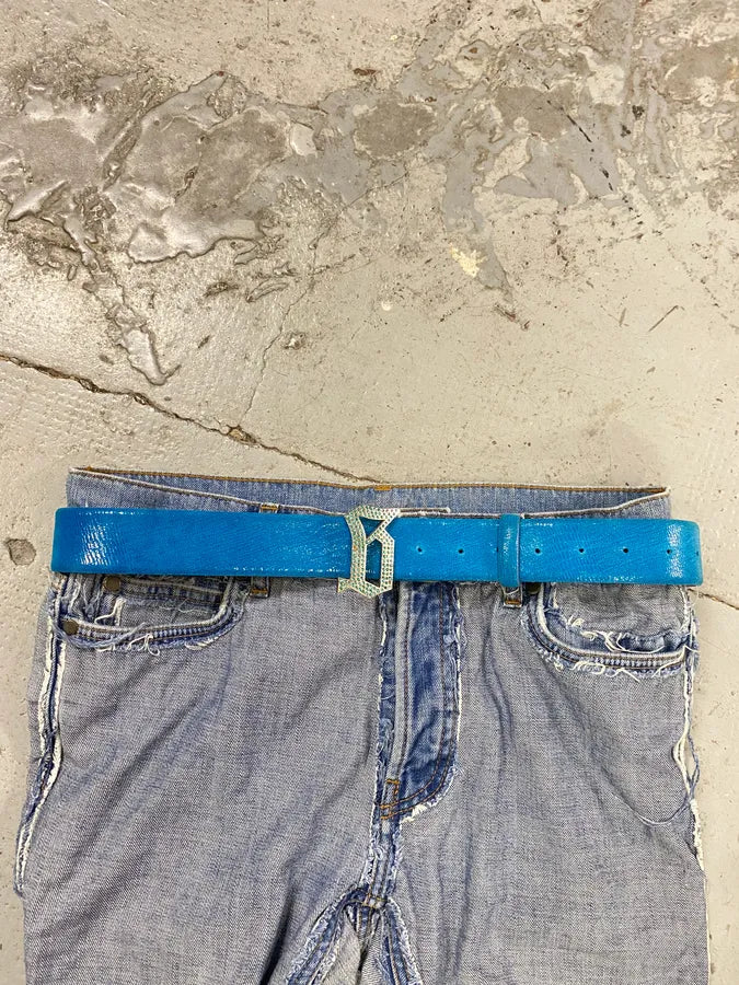 John Galliano Cyan Blue Faux Snakeskin Leather Belt ATKPhiP 1