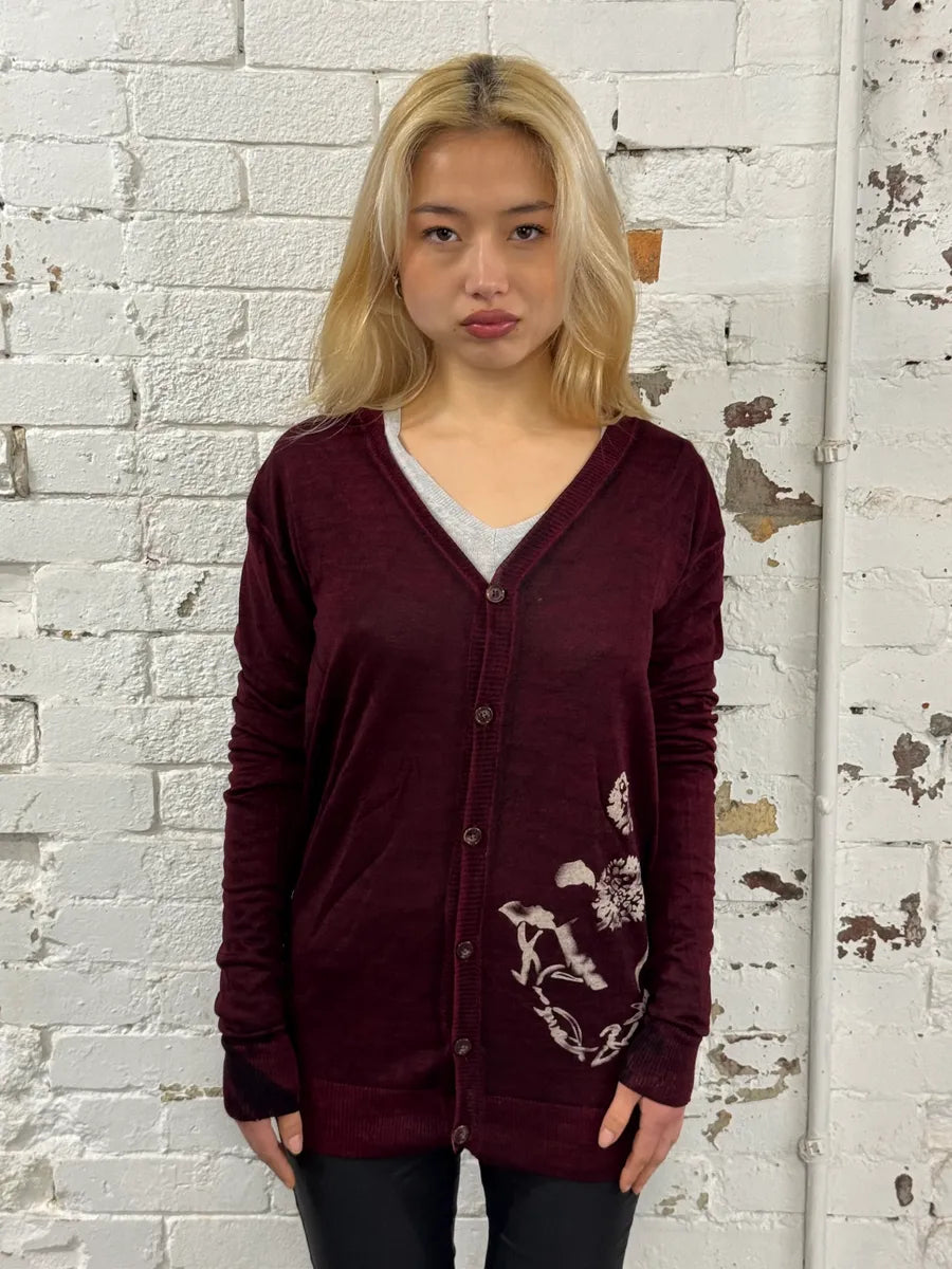 John Galliano Floral Wool Bordeaux Cardigan TOtdCWK 1