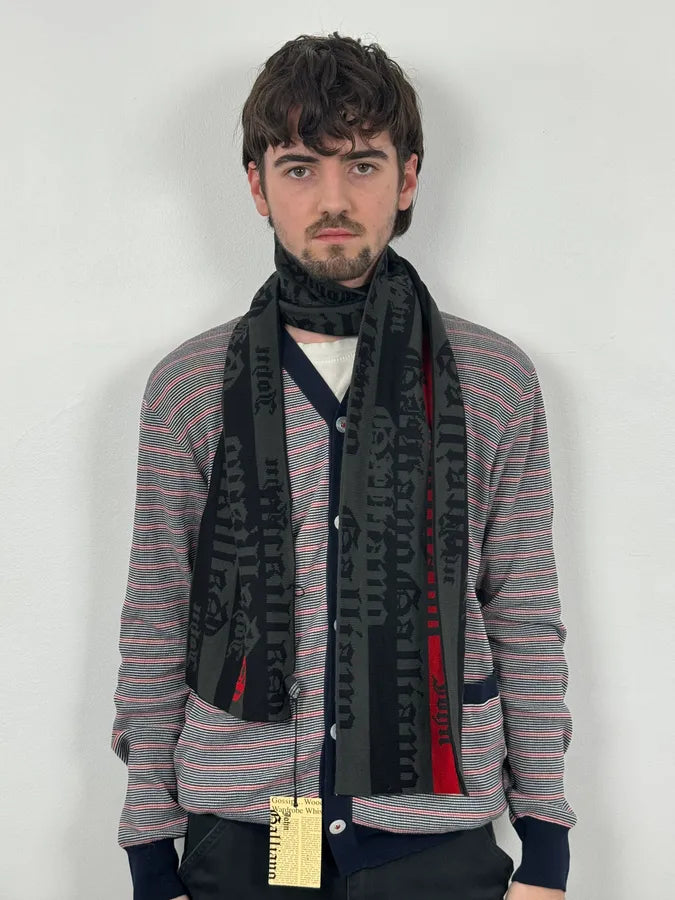 John Galliano Gothic Script Grey & Red Scarf jIuJELy 1
