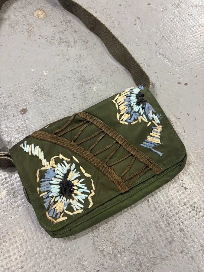 John Galliano Olive Canvas Embroidered Sunflower Crossbody Bag vSaUuVK 2