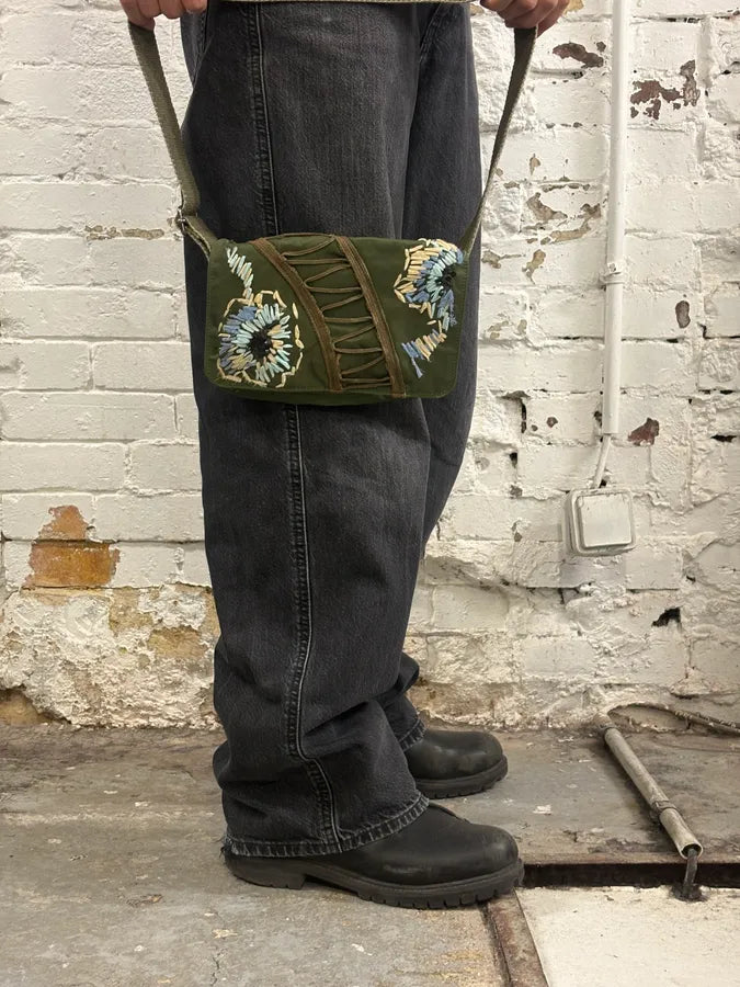 John Galliano Olive Canvas Embroidered Sunflower Crossbody Bag vSaUuVK 1