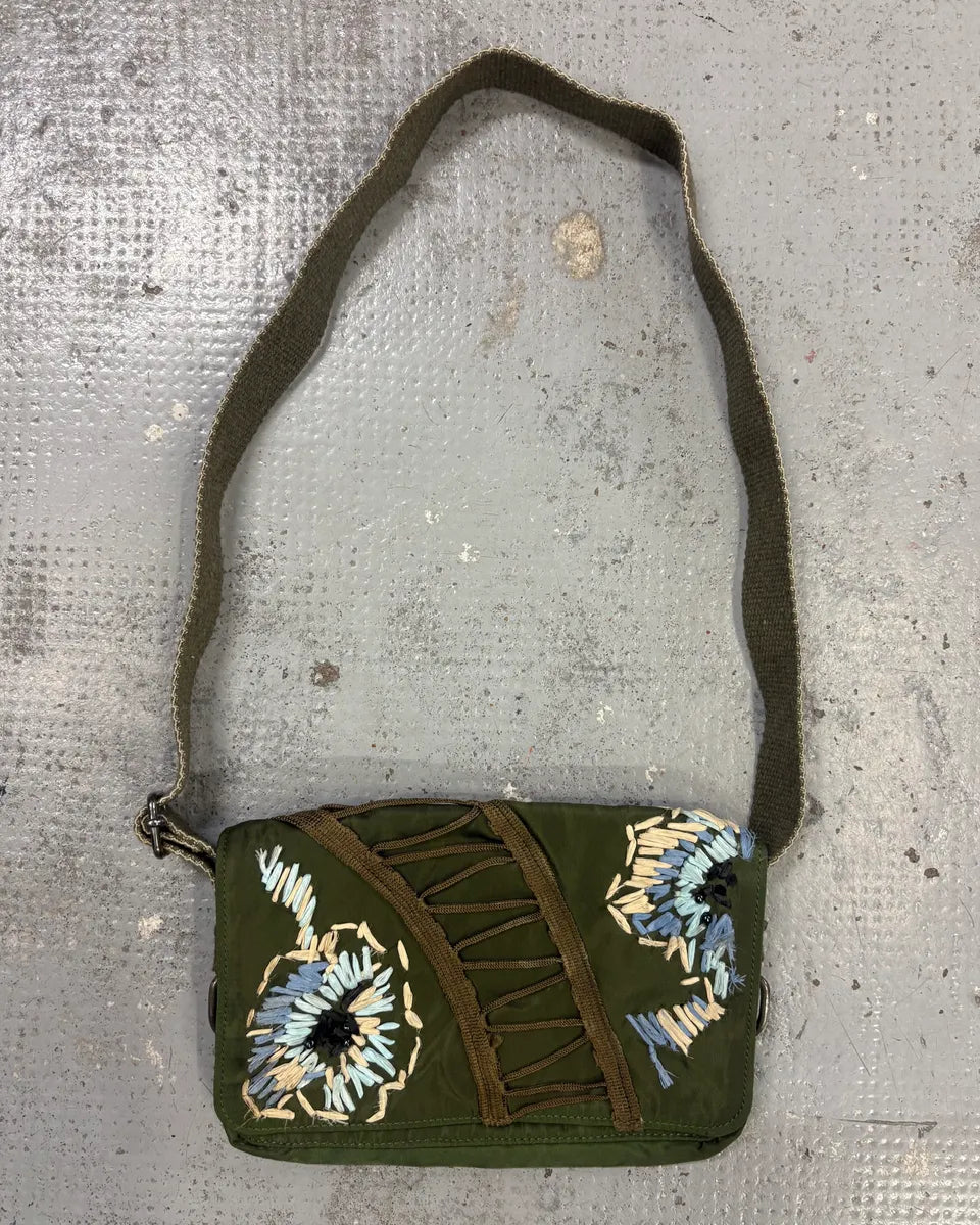 John Galliano Olive Canvas Embroidered Sunflower Crossbody Bag vSaUuVK 0