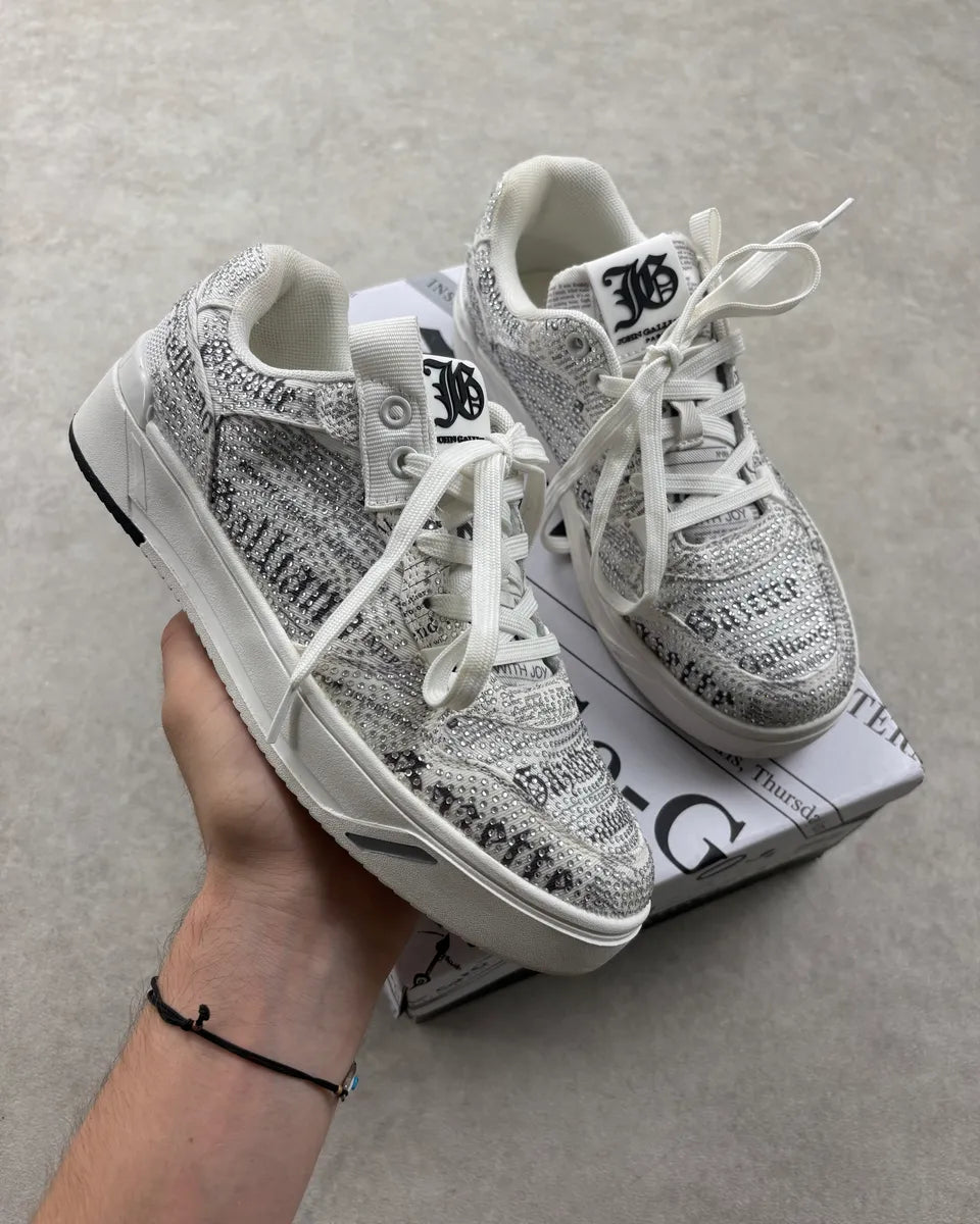 John Galliano White Studded Magazine Low Sneakers MRbzSsI 0