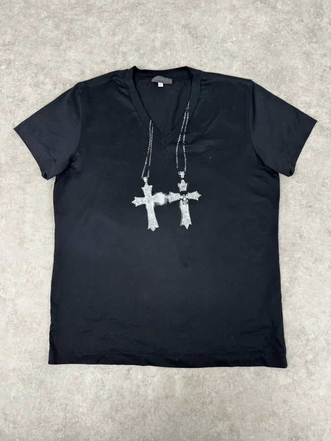 John Richmond Black Crosses Trompe Loeil Chain V Neck T-Shirt lhHCEKZ 0