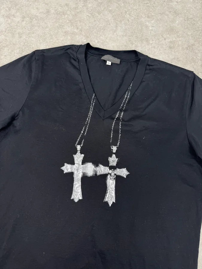 John Richmond Black Crosses Trompe Loeil Chain V Neck T-Shirt lhHCEKZ 4
