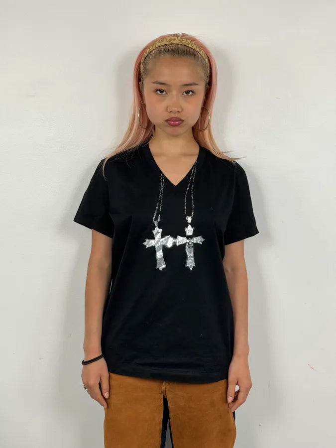 John Richmond Black Crosses Trompe Loeil Chain V Neck T-Shirt lhHCEKZ 1