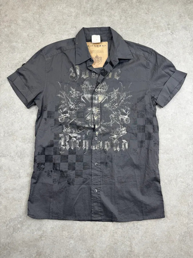 2000s John Richmond Grey Gothic Blazon Short Sleeves Shirt tEFBaDL 0