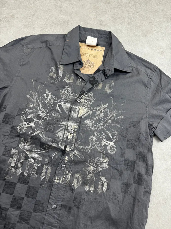 2000s John Richmond Grey Gothic Blazon Short Sleeves Shirt tEFBaDL 5